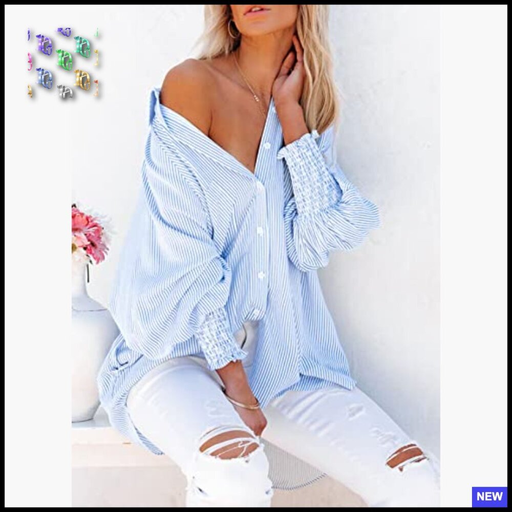 Oversized Striped Button Down Blouse Smocked Cuffs Casual Chic Y2K Style - Picture 3 of 7